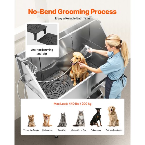 157.5 cm stainless steel dog grooming tub with steps, water filter