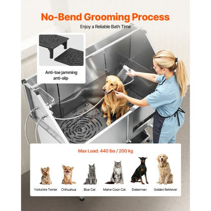157.5 cm stainless steel dog grooming tub with steps, water filter