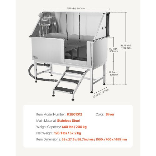 157.5 cm stainless steel dog grooming tub with steps, water filter