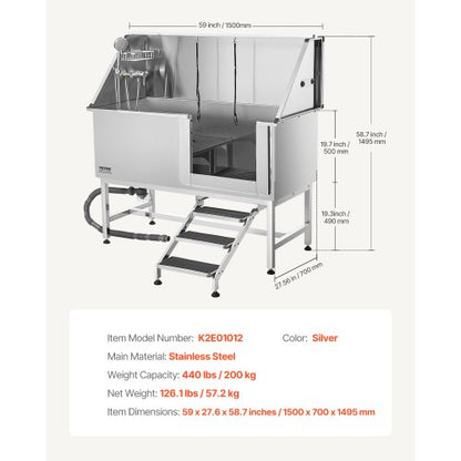 157.5 cm stainless steel dog grooming tub with steps, water filter