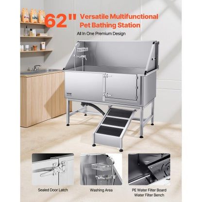 157,5 cm badkar för hundtrimning i rostfritt stål med rampvattenfilter |  EU