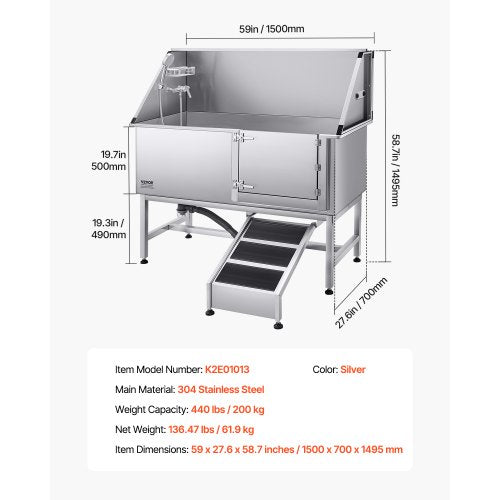 157,5 cm badkar för hundtrimning i rostfritt stål med rampvattenfilter |  EU