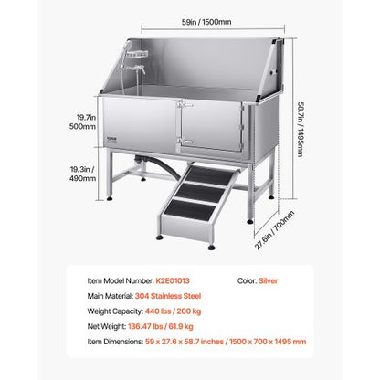 157,5 cm badkar för hundtrimning i rostfritt stål med rampvattenfilter |  EU