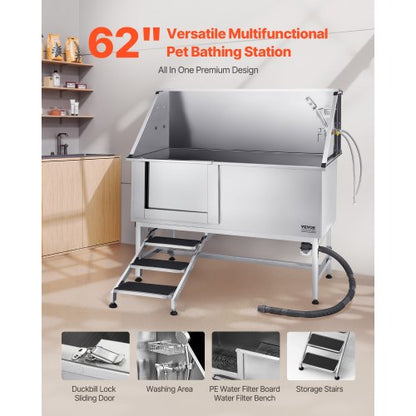 157.5 cm stainless steel dog grooming tub with steps, water filter, left