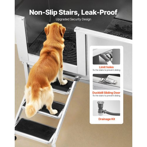 157.5 cm stainless steel dog grooming tub with steps, water filter, left