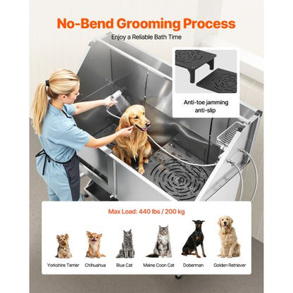 157.5 cm stainless steel dog grooming tub with steps, water filter, left