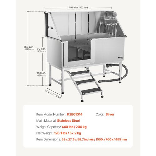 157.5 cm stainless steel dog grooming tub with steps, water filter, left