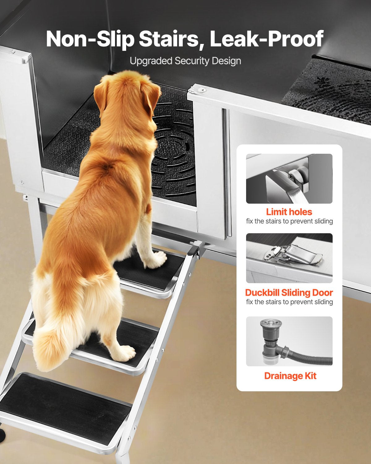 Stainless Steel Dog Washing Station, 62 inch Pet Grooming Tub w/ Stairs, PE Water Filter Board, Faucet & Showerhead & Soap Holder Dog Bathtub for Large & Medium & Small Pets (Left Door)