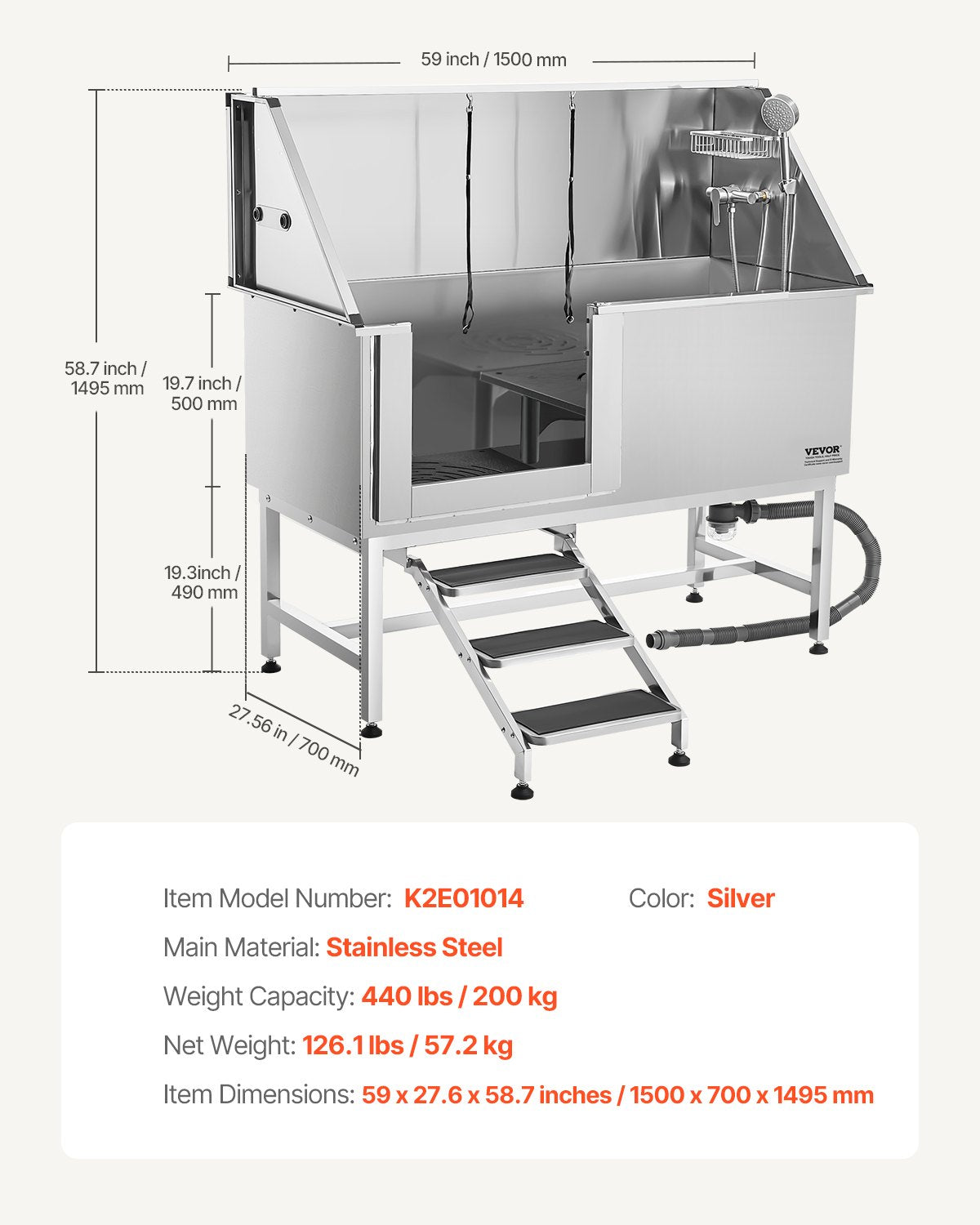 Stainless Steel Dog Washing Station, 62 inch Pet Grooming Tub w/ Stairs, PE Water Filter Board, Faucet & Showerhead & Soap Holder Dog Bathtub for Large & Medium & Small Pets (Left Door)