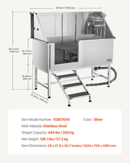 Stainless Steel Dog Washing Station, 62 inch Pet Grooming Tub w/ Stairs, PE Water Filter Board, Faucet & Showerhead & Soap Holder Dog Bathtub for Large & Medium & Small Pets (Left Door)