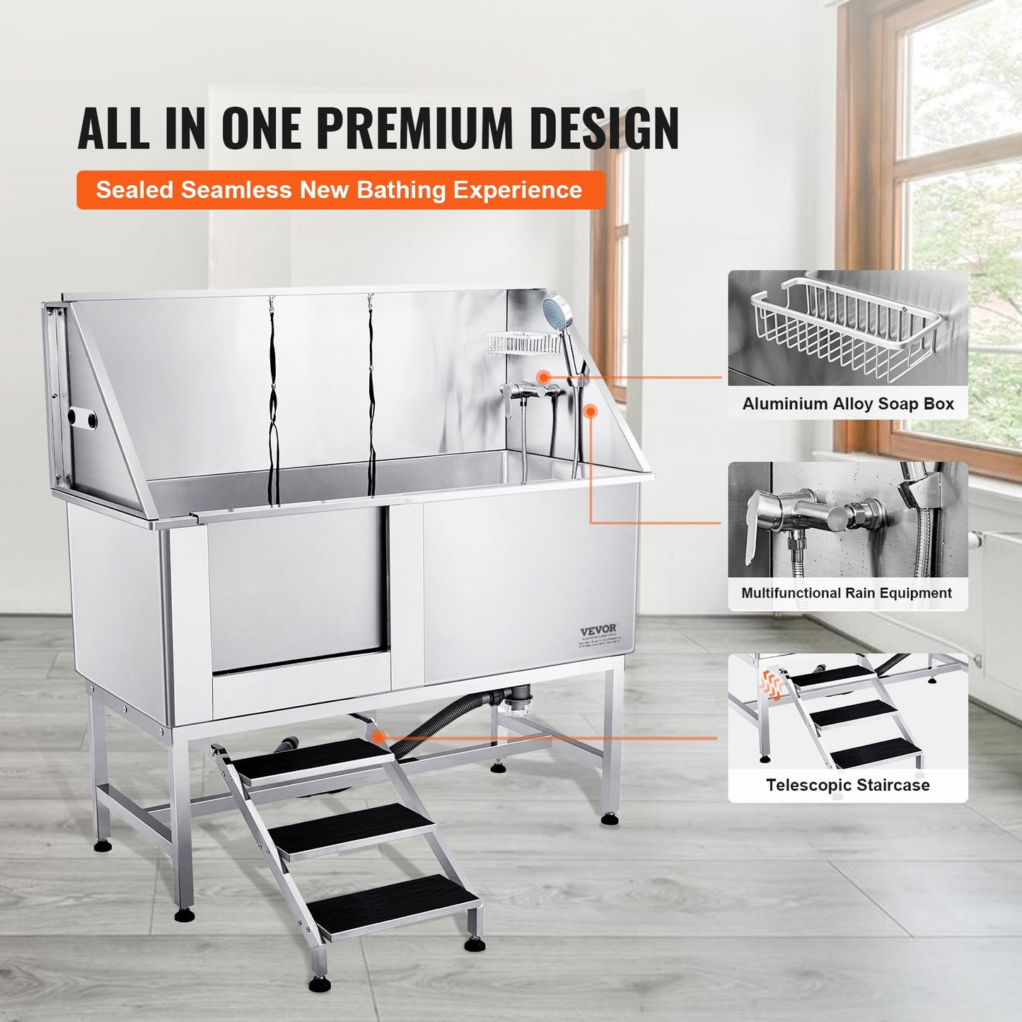 1,57 m lange Hundebadestation mit Treppe, professionelle Hundepflegebadewanne aus Edelstahl mit Seifenkiste, Wasserhahn, reichhaltigem Zubehör, Badewanne für große, mittelgroße und kleine Haustiere, Waschbecken für zu Hause (links)