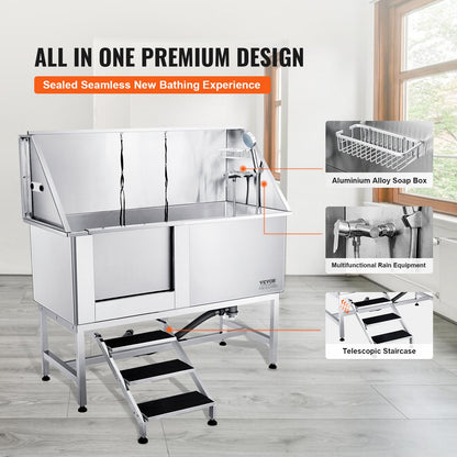 1,57 m lange Hundebadestation mit Treppe, professionelle Hundepflegebadewanne aus Edelstahl mit Seifenkiste, Wasserhahn, reichhaltigem Zubehör, Badewanne für große, mittelgroße und kleine Haustiere, Waschbecken für zu Hause (links)