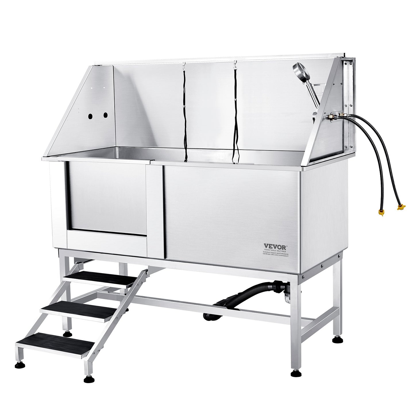 1,57 m lange Hundebadestation mit Treppe, professionelle Hundepflegebadewanne aus Edelstahl mit Seifenkiste, Wasserhahn, reichhaltigem Zubehör, Badewanne für große, mittelgroße und kleine Haustiere, Waschbecken für zu Hause (links)