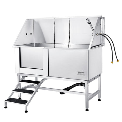 1,57 m lange Hundebadestation mit Treppe, professionelle Hundepflegebadewanne aus Edelstahl mit Seifenkiste, Wasserhahn, reichhaltigem Zubehör, Badewanne für große, mittelgroße und kleine Haustiere, Waschbecken für zu Hause (links)