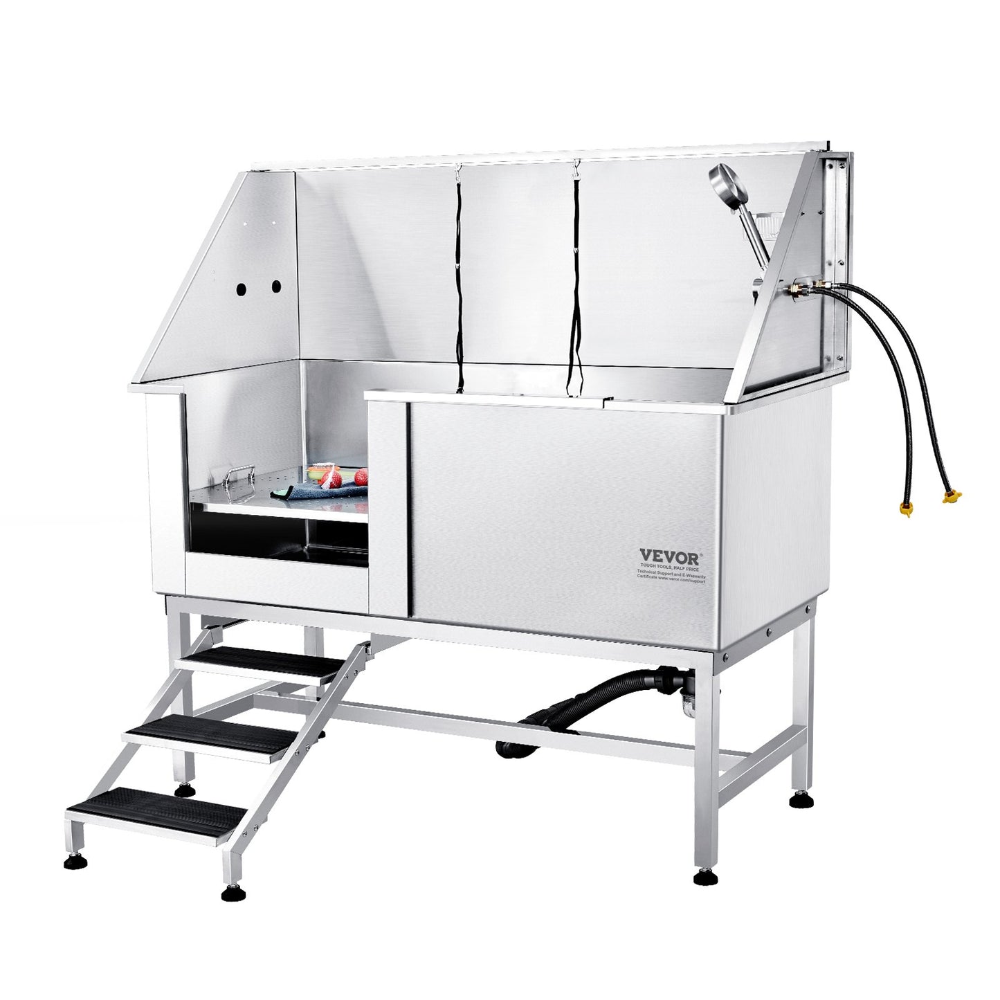 1,57 m lange Hundebadestation mit Treppe, professionelle Hundepflegebadewanne aus Edelstahl mit Seifenkiste, Wasserhahn, reichhaltigem Zubehör, Badewanne für große, mittelgroße und kleine Haustiere, Waschbecken für zu Hause (links)