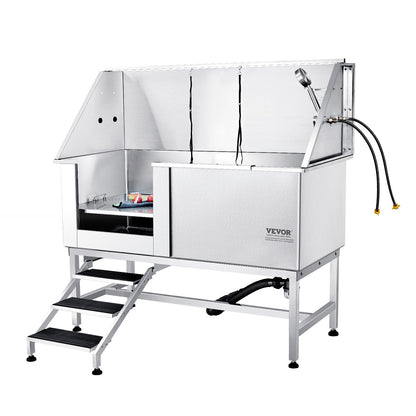 1,57 m lange Hundebadestation mit Treppe, professionelle Hundepflegebadewanne aus Edelstahl mit Seifenkiste, Wasserhahn, reichhaltigem Zubehör, Badewanne für große, mittelgroße und kleine Haustiere, Waschbecken für zu Hause (links)