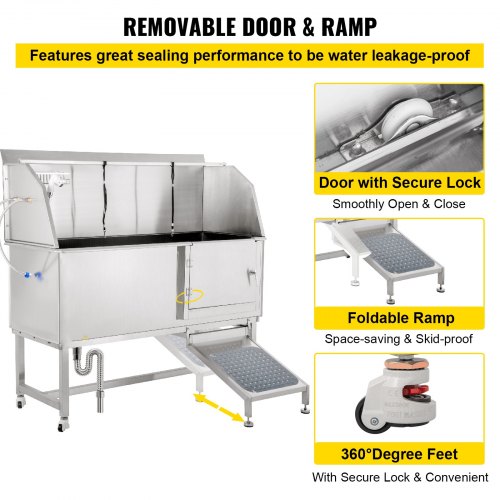 Hundepflegewanne, 62 Zoll R Haustierwaschstation, Haustierpflegewanne aus Edelstahl 304 mit einer Tragkraft von 661 Pfund, rutschfeste Hundewaschstation mit Rampe, Wasserhahn, Sprüher und Abflussset | EU