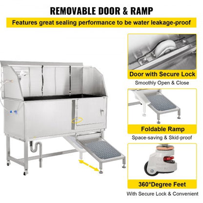 Hundepflegewanne, 62 Zoll R Haustierwaschstation, Haustierpflegewanne aus Edelstahl 304 mit einer Tragkraft von 661 Pfund, rutschfeste Hundewaschstation mit Rampe, Wasserhahn, Sprüher und Abflussset | EU