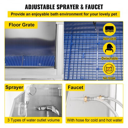 Hundepflegewanne, 62 Zoll R Haustierwaschstation, Haustierpflegewanne aus Edelstahl 304 mit einer Tragkraft von 661 Pfund, rutschfeste Hundewaschstation mit Rampe, Wasserhahn, Sprüher und Abflussset | EU