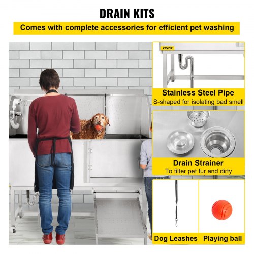 Hundepflegewanne, 62 Zoll R Haustierwaschstation, Haustierpflegewanne aus Edelstahl 304 mit einer Tragkraft von 661 Pfund, rutschfeste Hundewaschstation mit Rampe, Wasserhahn, Sprüher und Abflussset | EU