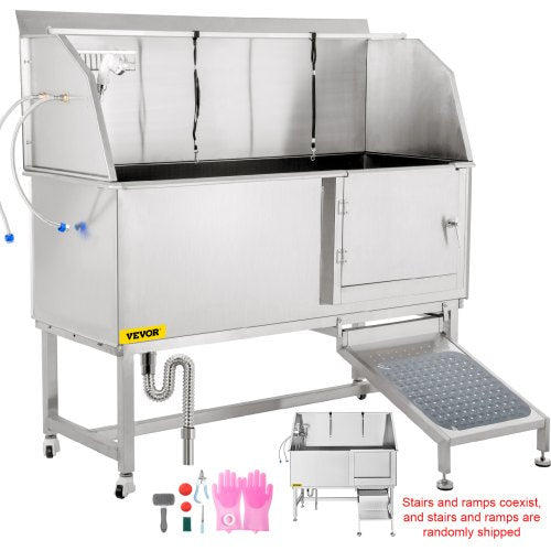 Dog Grooming Tub, 62" R Pet Washing Station, 304 Stainless Steel Pet Grooming Tub with a Load Capacity of 661 LBS, Non-Slip Dog Washing Station Comes with Ramp, Faucet, Sprayer and Drain Kit | EU