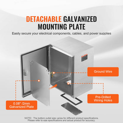 Steel Electrical Box, 16"x 12"x 10", 304 Stainless Steel Electrical Enclosure Box, Wall-Mounted Outdoor Electrical Electronic Equipment Enclosure with Mounting Plate Hinges Lock, IP66 Waterproof
