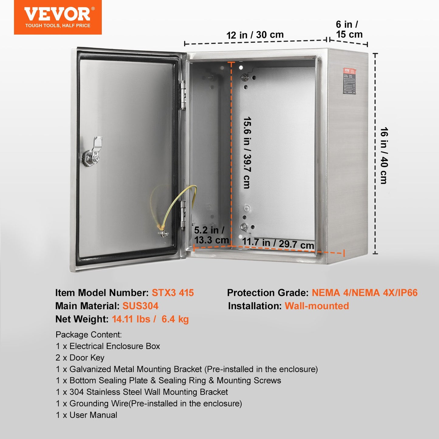 Steel Electrical Box, 16"x 12"x 6", 304 Stainless Steel Electrical Enclosure Box, Wall-Mounted Outdoor Electrical Electronic Equipment Enclosure with Mounting Plate Hinges Lock, IP66 Waterproof