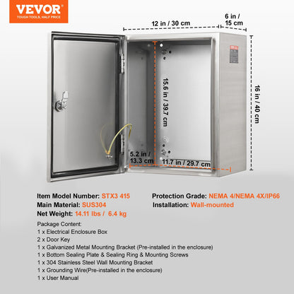 Steel Electrical Box, 16"x 12"x 6", 304 Stainless Steel Electrical Enclosure Box, Wall-Mounted Outdoor Electrical Electronic Equipment Enclosure with Mounting Plate Hinges Lock, IP66 Waterproof