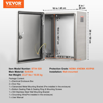 Steel Electrical Box, 20"x 16"x 8", 304 Stainless Steel Electrical Enclosure Box, Wall-Mounted Outdoor Electrical Electronic Equipment Enclosure with Mounting Plate Hinges Lock, IP66 Waterproof