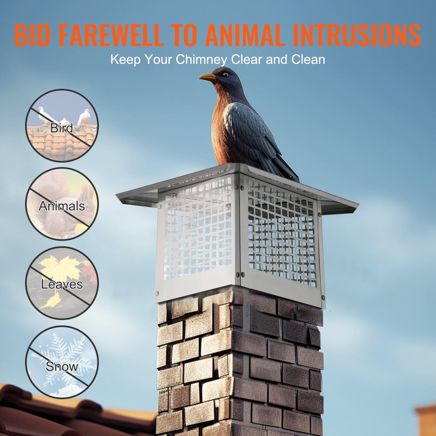 Chimney Cap, 12 x 12 inch, 304 Stainless Steel Fireplace Chimney Cover, Not Easily Toppled & Practical Accessories & Easy Installation, Fits Mesh Flue Covers Outside Clay Flue Shingles, Silver