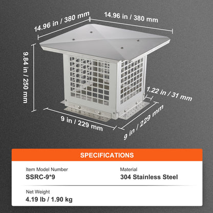 Chimney Cap, 9 x 9 inch, 304 Stainless Steel Fireplace Chimney Cover, Not Easily Toppled & Practical Accessories & Easy Installation, Fits Mesh Flue Covers Outside Clay Flue Shingles, Silver