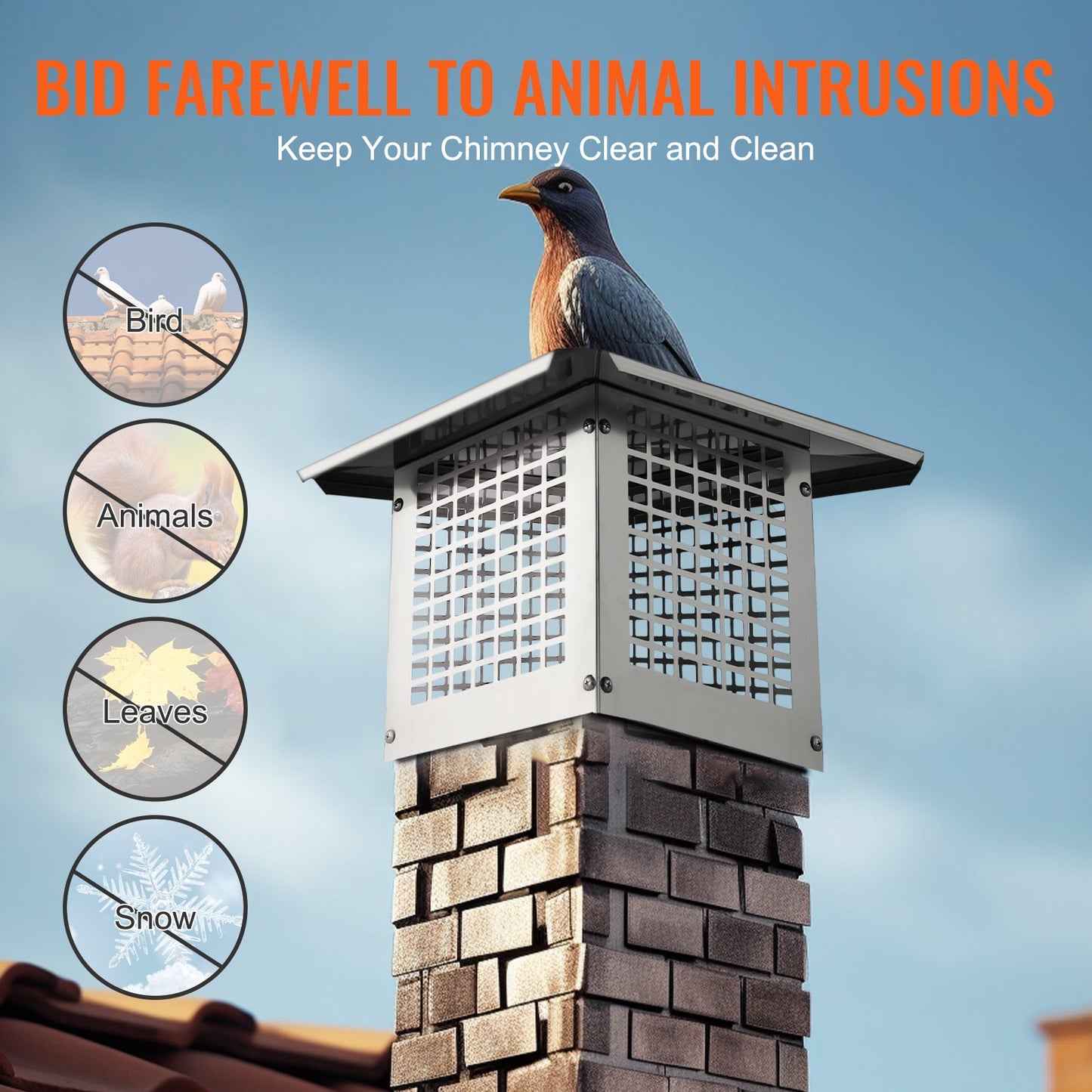Chimney cap 228.6 x 228.6 mm, 304 stainless steel chimney cap, not easy to collapse &amp; practical accessories &amp; easy installation, fits mesh chimney cover outside clay smoke pipe, silver