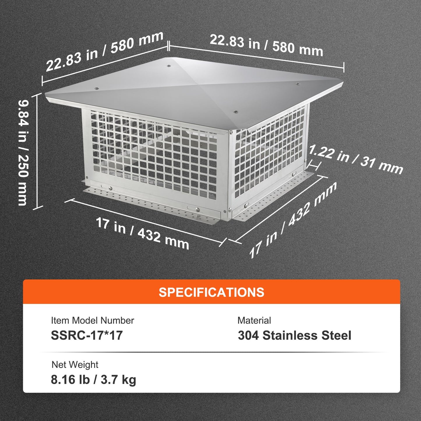 Chimney cap, 431.8x431.8 mm, 304 stainless steel chimney cap, not easy to collapse &amp; practical accessories &amp; easy installation, fits mesh chimney cover outside clay smoke pipe, silver