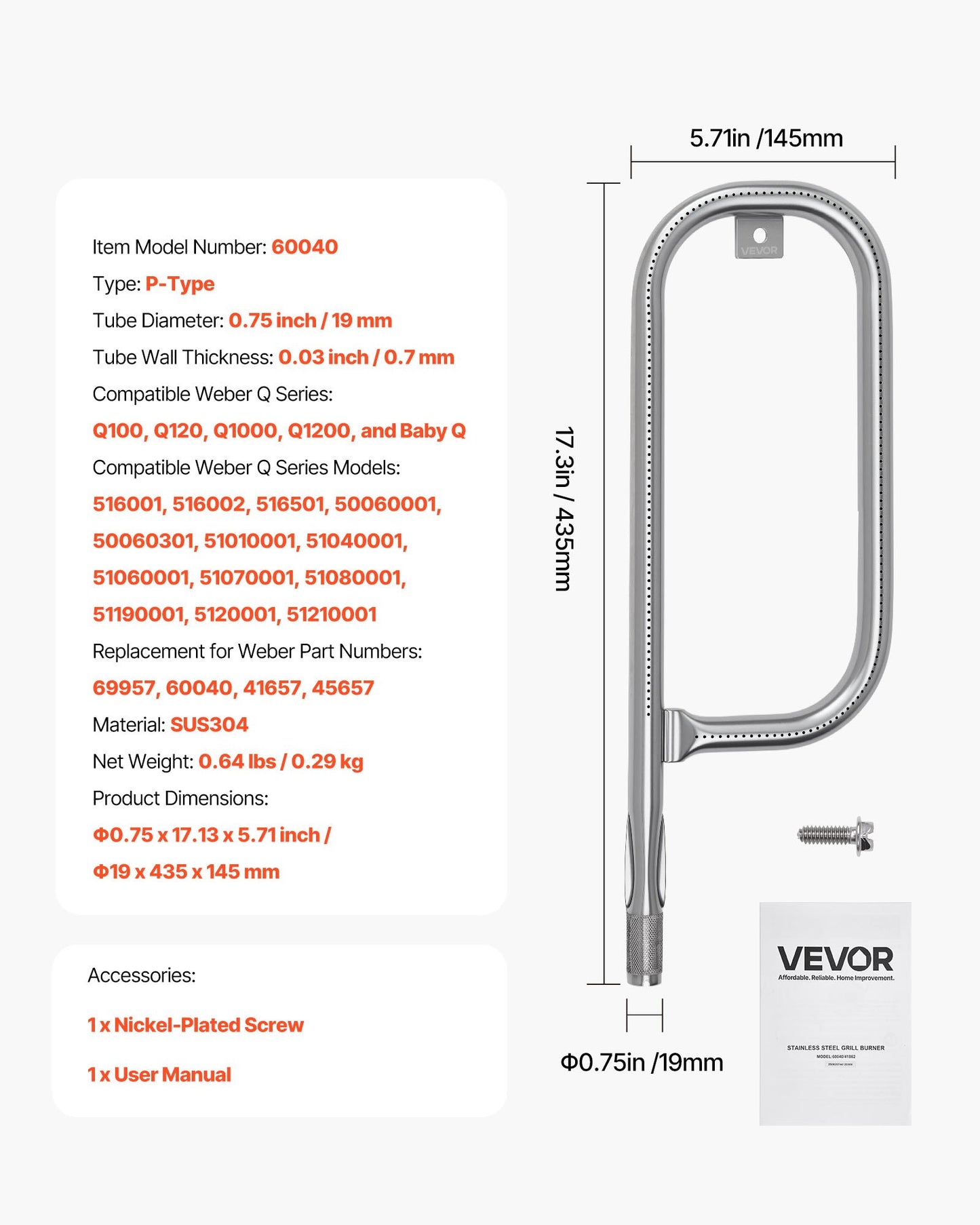 Grill Burner Tube for Weber Q100, Q120, Q1000, Q1200, Baby Q Gas Grills, 17 inch 304 Stainless Steel Tube Burner for Weber 516001, 516002, 50060001, Replacement Part 69957, 60040, 41657, 45657