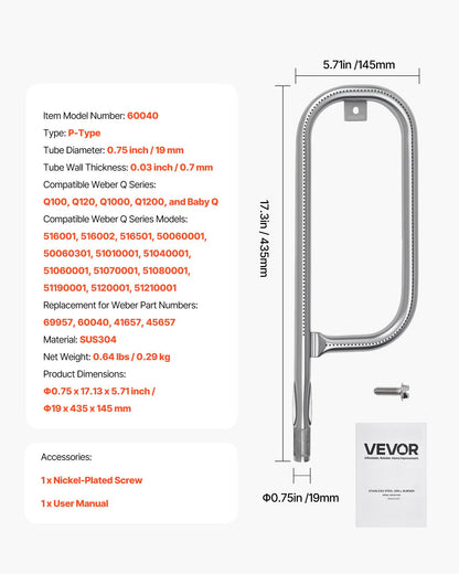 Grill Burner Tube for Weber Q100, Q120, Q1000, Q1200, Baby Q Gas Grills, 17 inch 304 Stainless Steel Tube Burner for Weber 516001, 516002, 50060001, Replacement Part 69957, 60040, 41657, 45657