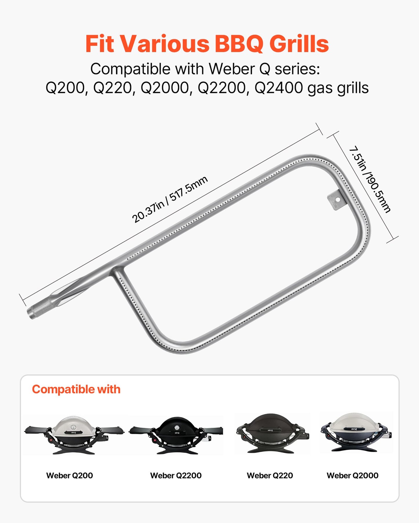 Grill Burner Tube for Weber Q200, Q220, Q2000, Q2200, Q2400, 20.5 inch 304 Stainless Steel Tube Burner for Weber 396000, 396001, 396002, 566002, 53060001, Replacement Part 60041, 69956, 41862
