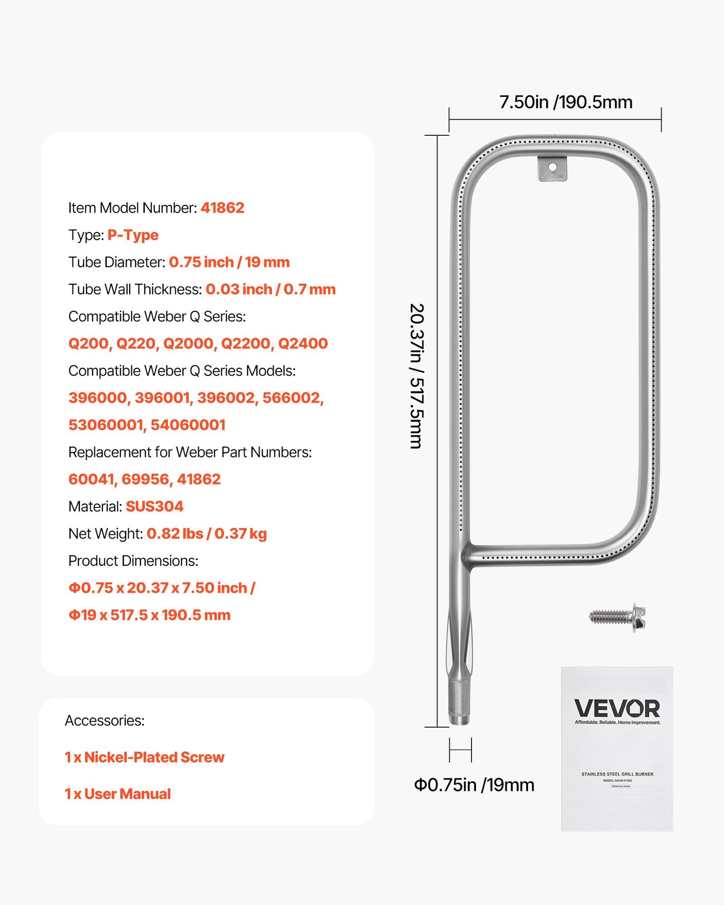 Grill Burner Tube for Weber Q200, Q220, Q2000, Q2200, Q2400, 20.5 inch 304 Stainless Steel Tube Burner for Weber 396000, 396001, 396002, 566002, 53060001, Replacement Part 60041, 69956, 41862