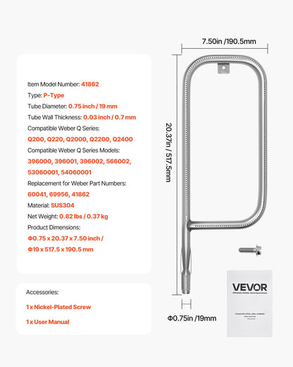 Grill Burner Tube for Weber Q200, Q220, Q2000, Q2200, Q2400, 20.5 inch 304 Stainless Steel Tube Burner for Weber 396000, 396001, 396002, 566002, 53060001, Replacement Part 60041, 69956, 41862