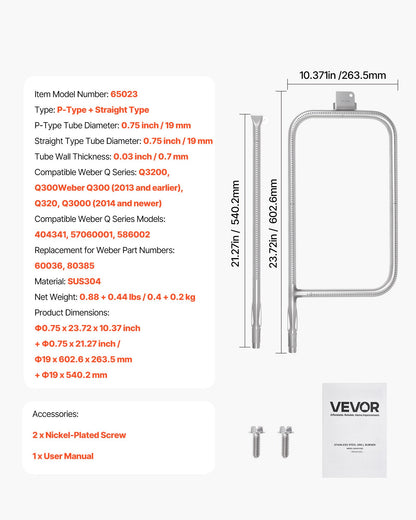 Grill Burner Tube for Weber Q3200, Q300 (2013 & earlier), Q320, Q3000 (2014 & newer), 23.75 inch 304 Stainless Steel Tube Burner for Weber 404341, 57060001, 586002, Replacement Part 60036, 80385