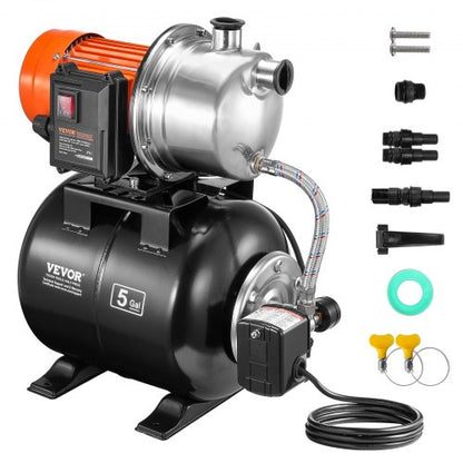 1.6 HP Shallow Well Pump with Pressure Tank, 1320 GPH, Automatic Irrigation Water Booster Pump with 5-Gal Pressure Tank 30/50 PSI Pressure Switch, Stainless Steel Pump Head for Home Garden Lawn