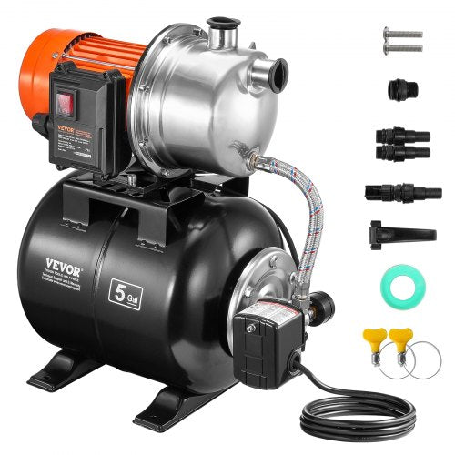 1.6 HP Shallow Well Pump with Pressure Tank, 1320 GPH, Automatic Irrigation Water Booster Pump with 5-Gal Pressure Tank 30/50 PSI Pressure Switch, Stainless Steel Pump Head for Home Garden Lawn