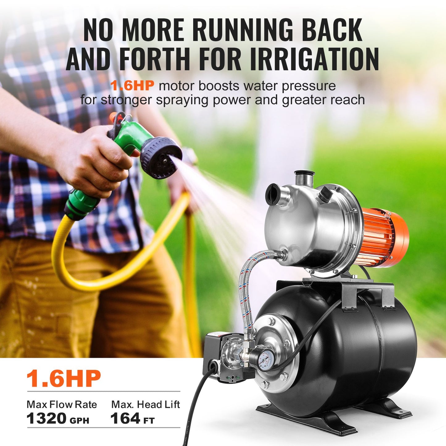 1.6 HP Shallow Well Pump with Pressure Tank, 1320 GPH, Automatic Irrigation Water Booster Pump with 5-Gal Pressure Tank 30/50 PSI Pressure Switch, Stainless Steel Pump Head for Home Garden Lawn