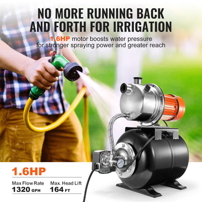 1.6 HP Shallow Well Pump with Pressure Tank, 1320 GPH, Automatic Irrigation Water Booster Pump with 5-Gal Pressure Tank 30/50 PSI Pressure Switch, Stainless Steel Pump Head for Home Garden Lawn