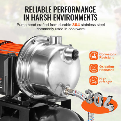 1.6 HP Shallow Well Pump with Pressure Tank, 1320 GPH, Automatic Irrigation Water Booster Pump with 5-Gal Pressure Tank 30/50 PSI Pressure Switch, Stainless Steel Pump Head for Home Garden Lawn