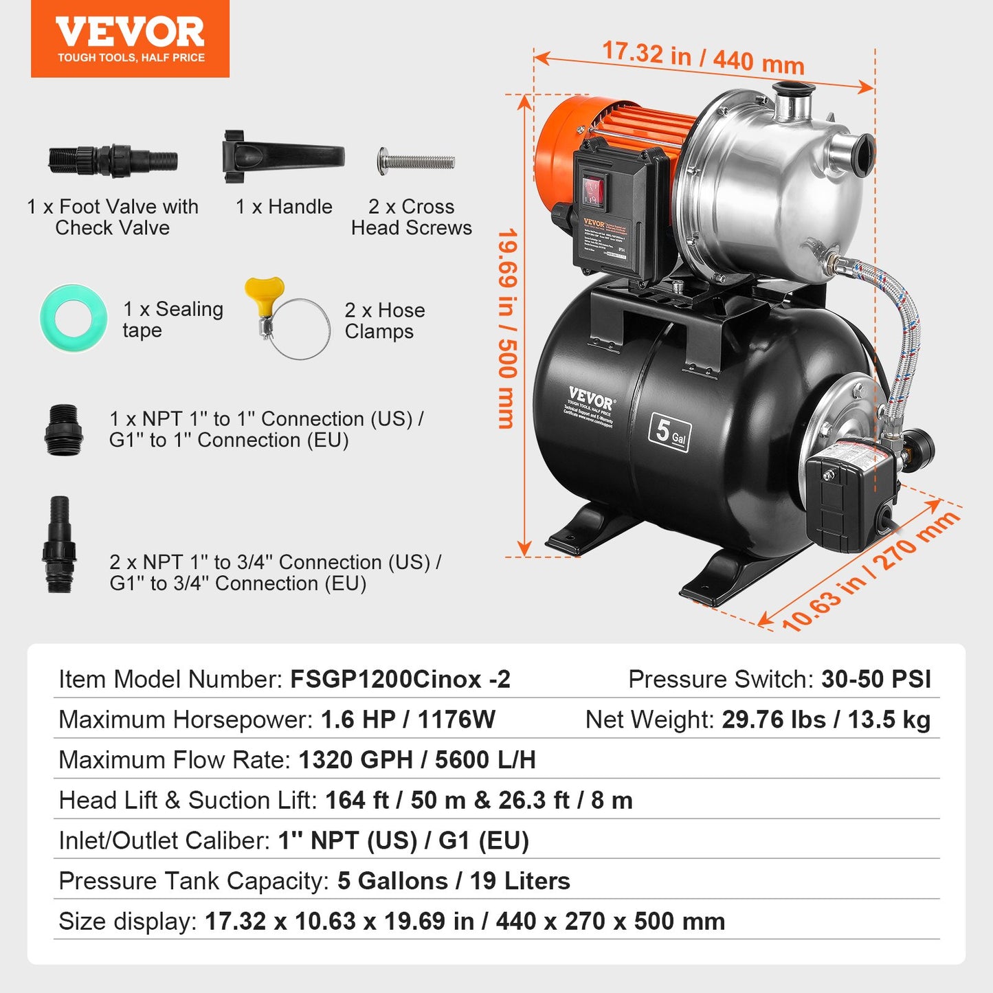 1.6 HP Shallow Well Pump with Pressure Tank, 1320 GPH, Automatic Irrigation Water Booster Pump with 5-Gal Pressure Tank 30/50 PSI Pressure Switch, Stainless Steel Pump Head for Home Garden Lawn