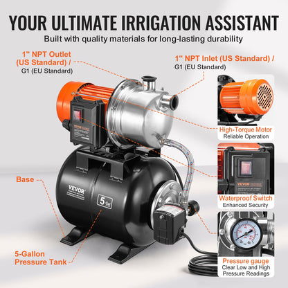 1,6 PS Flachbrunnenpumpe mit Druckbehälter 1320 GPH Bewässerungs-Druckerhöhungspumpe