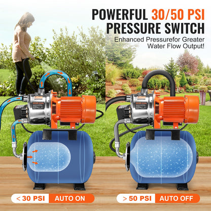1.6 HP Shallow Well Pump with Pressure Tank, 1320 GPH, Automatic Irrigation Water Booster Pump with 30/50 PSI Pressure Switch for Home Garden Lawn, for Drinking Water Security