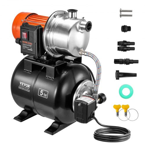 1 HP Shallow Well Pump with Pressure Tank, 1000 GPH, Automatic Irrigation Water Booster Pump with 130 ft Head Lift 20/40 PSI Pressure Switch, 304 Stainless Steel Pump Head for Home Garden Lawn
