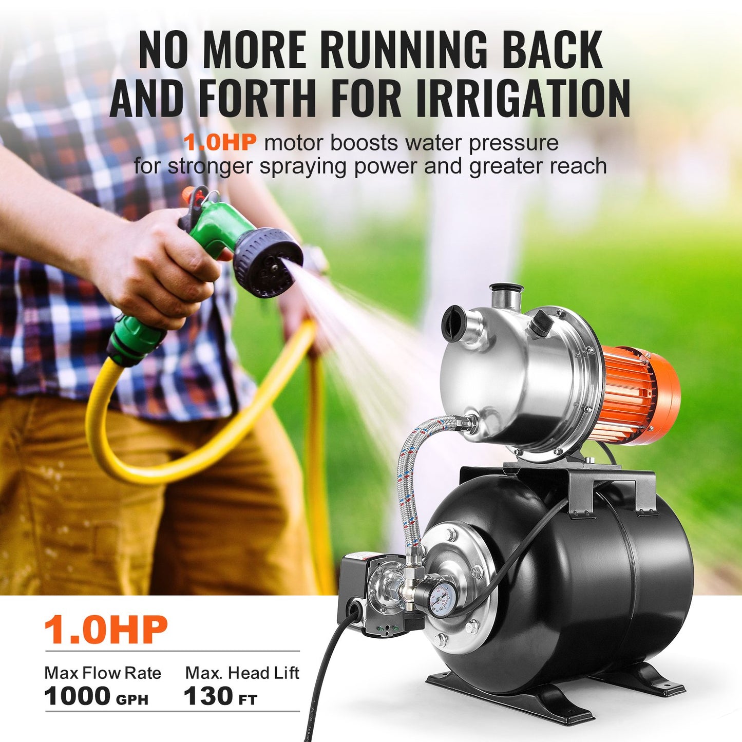 1 HP Shallow Well Pump with Pressure Tank, 1000 GPH, Automatic Irrigation Water Booster Pump with 130 ft Head Lift 20/40 PSI Pressure Switch, 304 Stainless Steel Pump Head for Home Garden Lawn