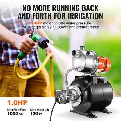 1 HP Shallow Well Pump with Pressure Tank, 1000 GPH, Automatic Irrigation Water Booster Pump with 130 ft Head Lift 20/40 PSI Pressure Switch, 304 Stainless Steel Pump Head for Home Garden Lawn